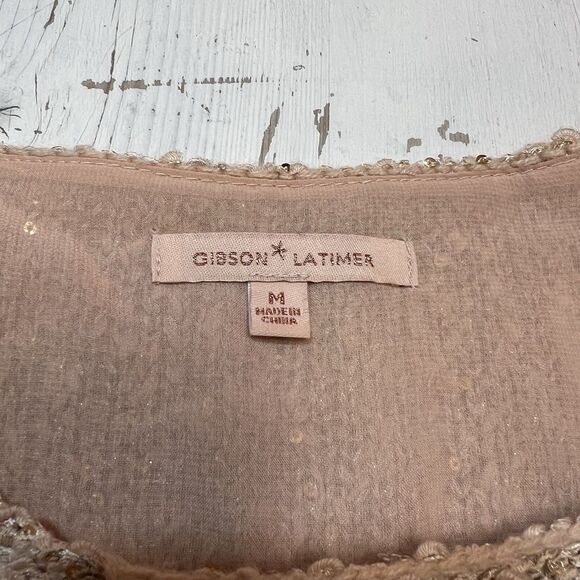 Gibson Latimer Sweater Blouse M Sparkle Rose Gold Layered Tunic Sequins Crochet - Picture 9 of 11